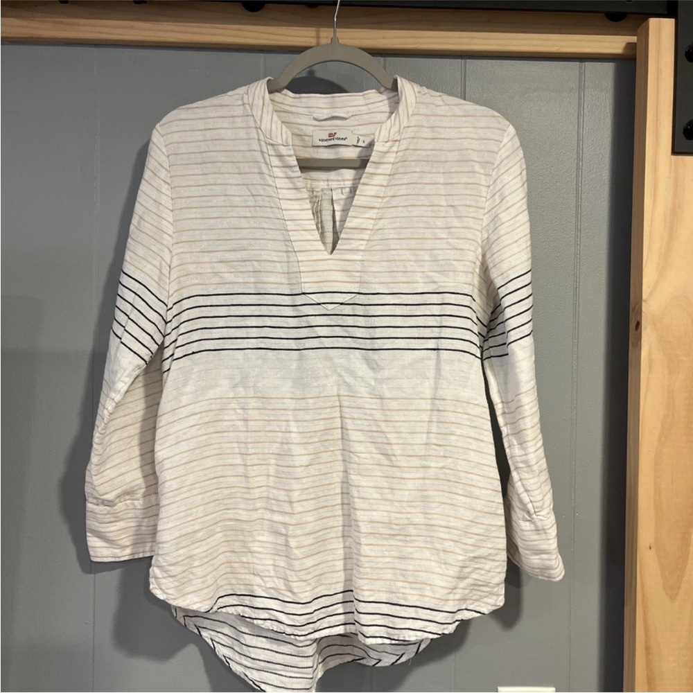 Vineyard Vines Small Linen V-Neck Striped Tunic Blouse White Tan Black Silver